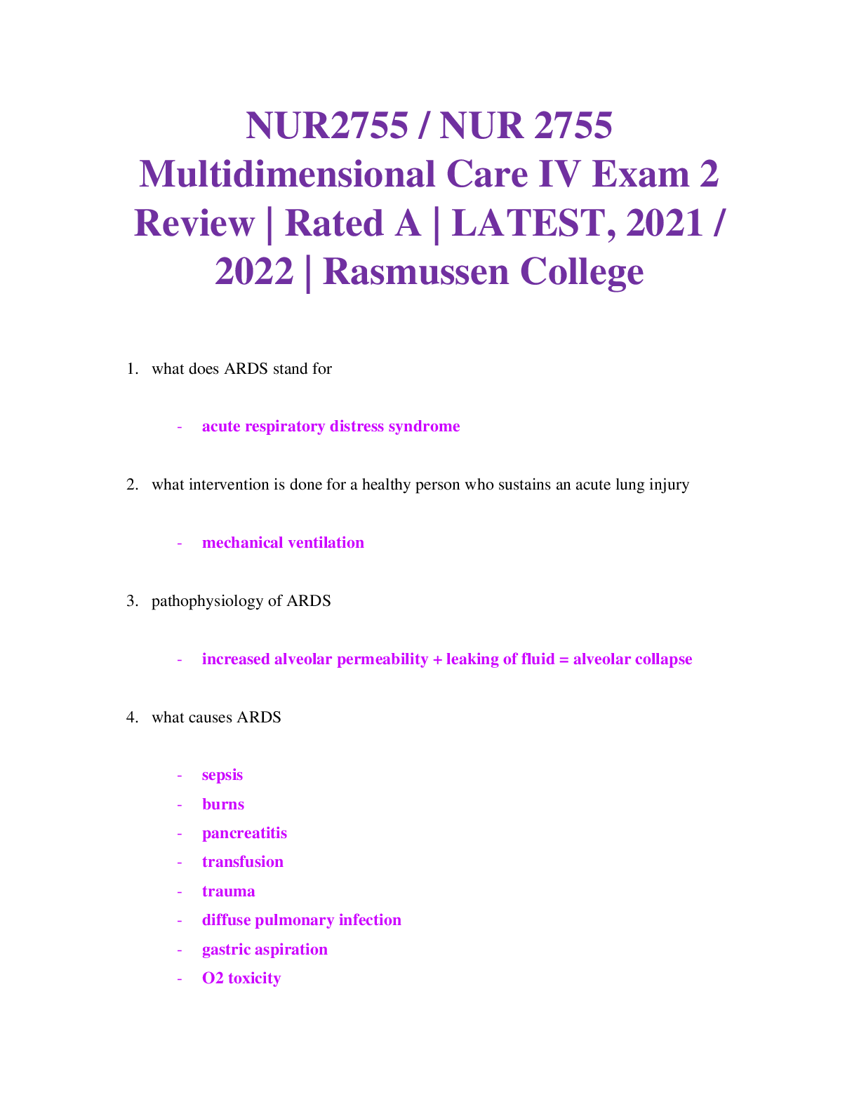 Preview image for NUR2755 / NUR 2755 Multidimensional Care IV Exam 2 Review Rated A | Rasmussen College